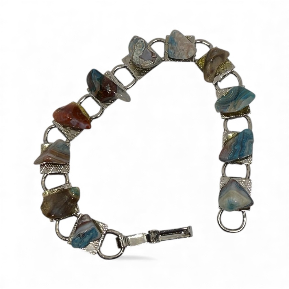 Vintage Scottish Pebble Agate Elegant Stone Silver Bracelet - Picture 4 of 11